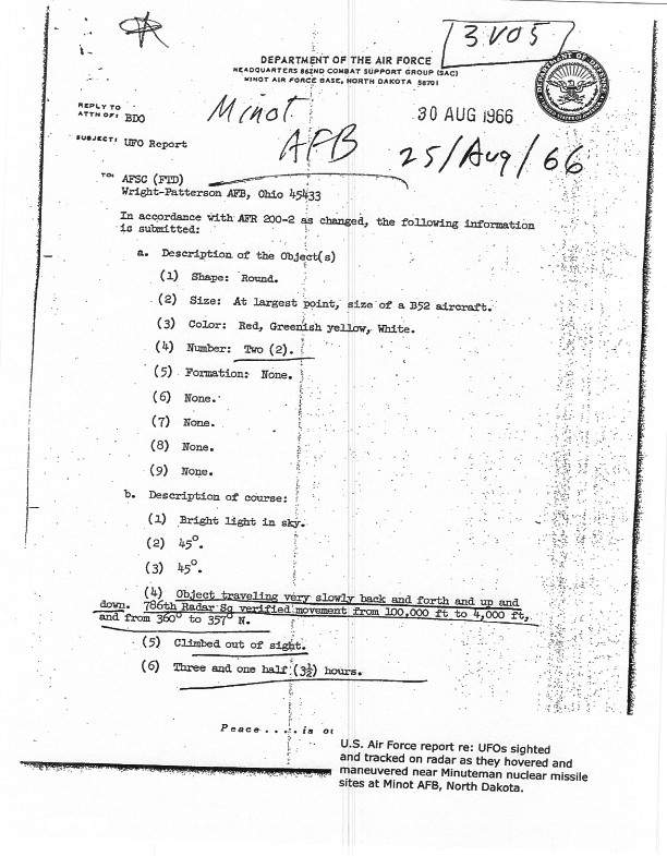 1966年迈诺特空军基地UFO目击事件